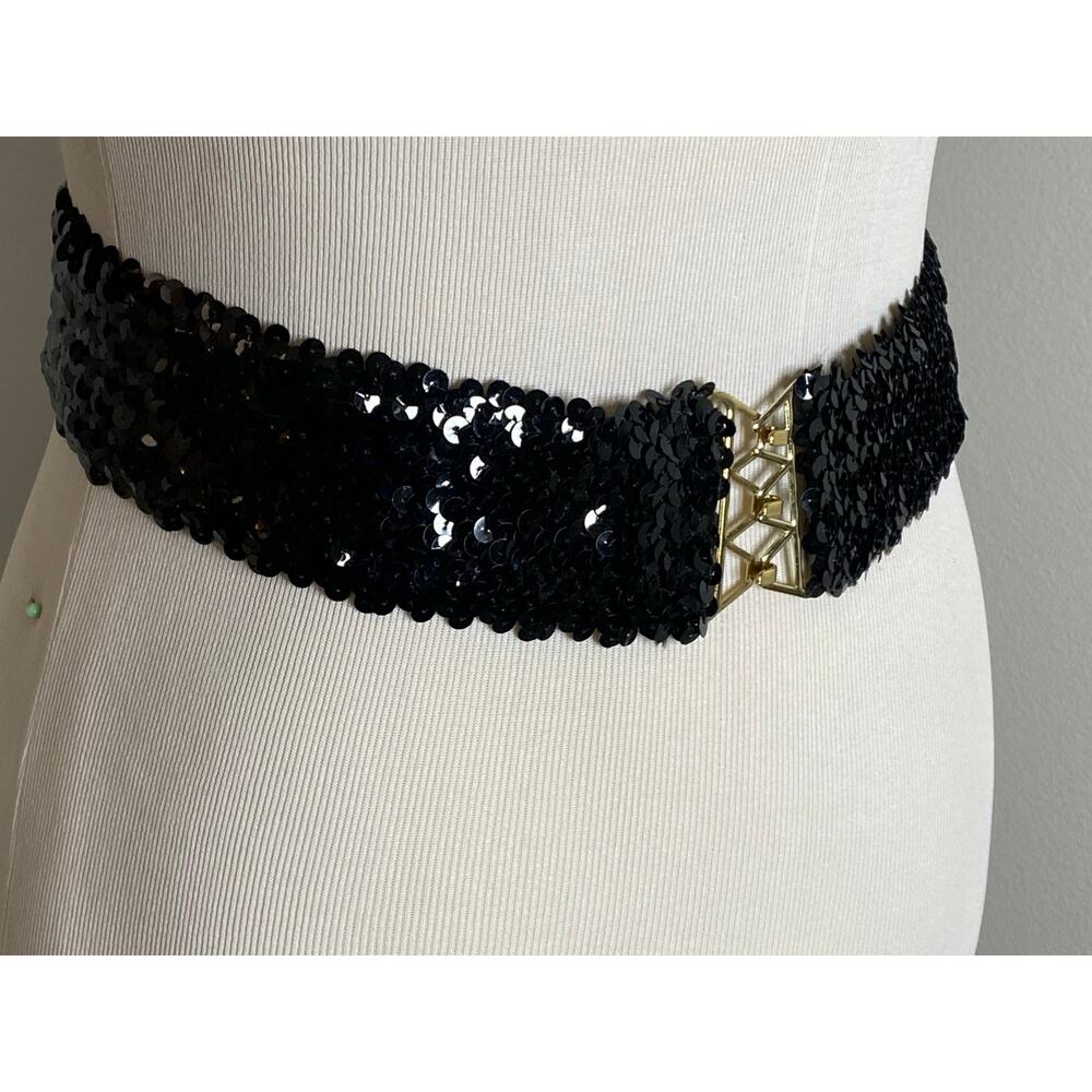 Vintage 80s Black Sequin Elastic Cinch Belt - Gold Interlocking Clasp